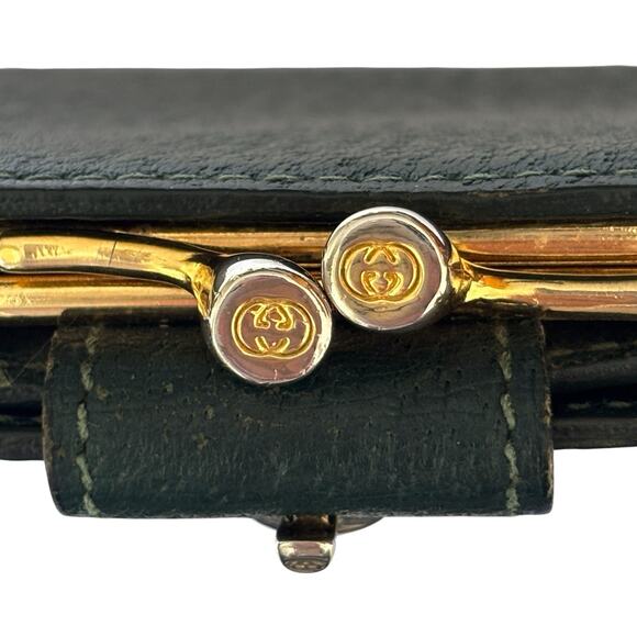 GUCCI Bifold Compact Wallet‎ Leather Dark Green Kiss Lock Horsebit - Picture 5 of 16